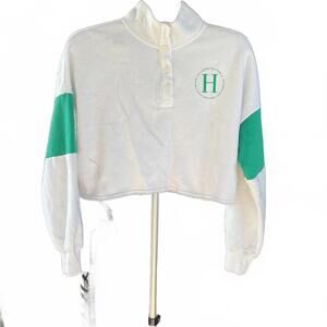 Hollister White & Green Cropped Graphic Henley “Mom” Sweatshirt - Medium